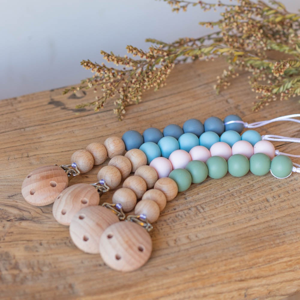 Baby Teething Dummy Chain with wooden clip Harry and Kit
