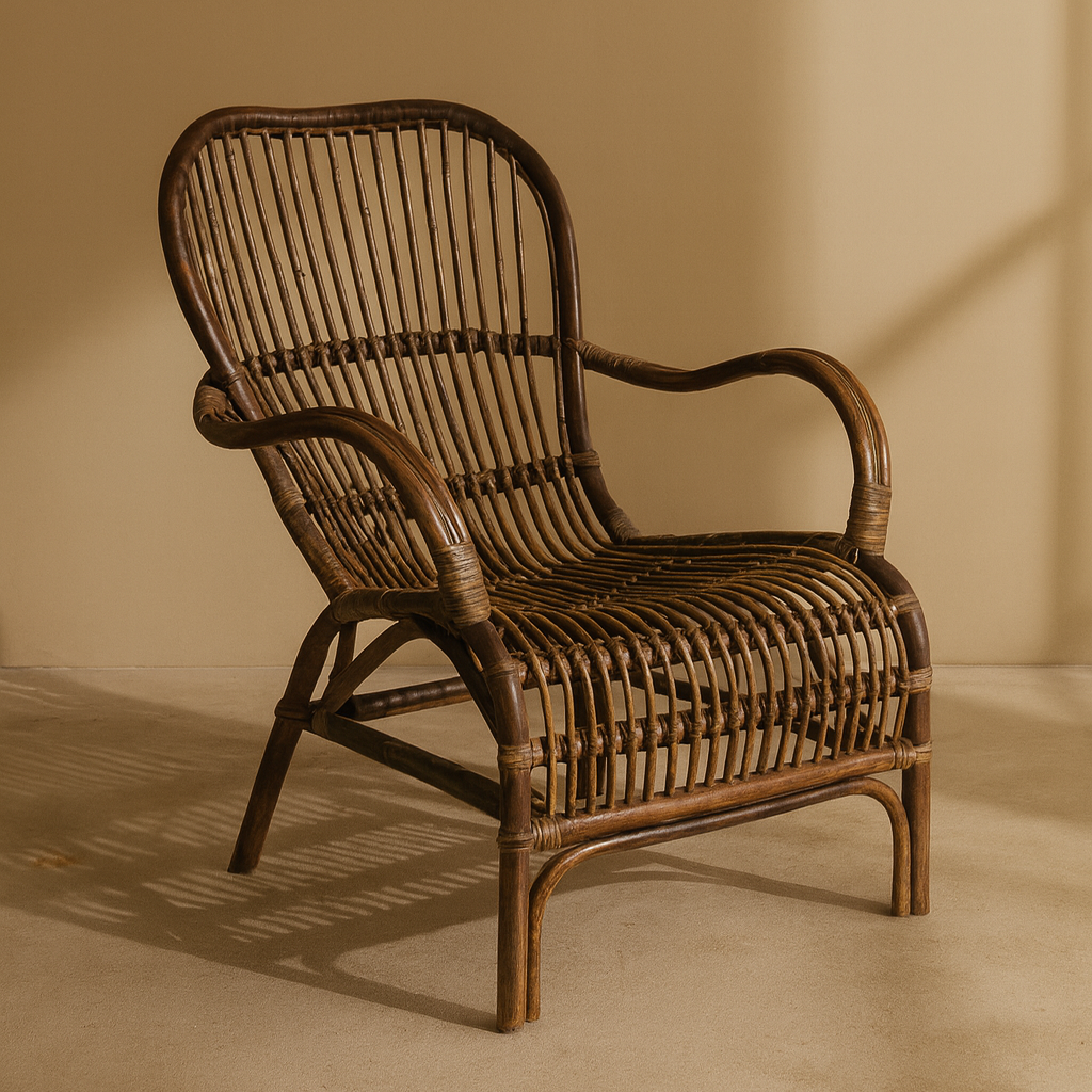 Wicker chair against a beige wall with soft shadows