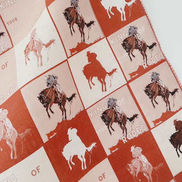 Fabric with checkered pattern of rodeo-themed designs on a red and beige background.