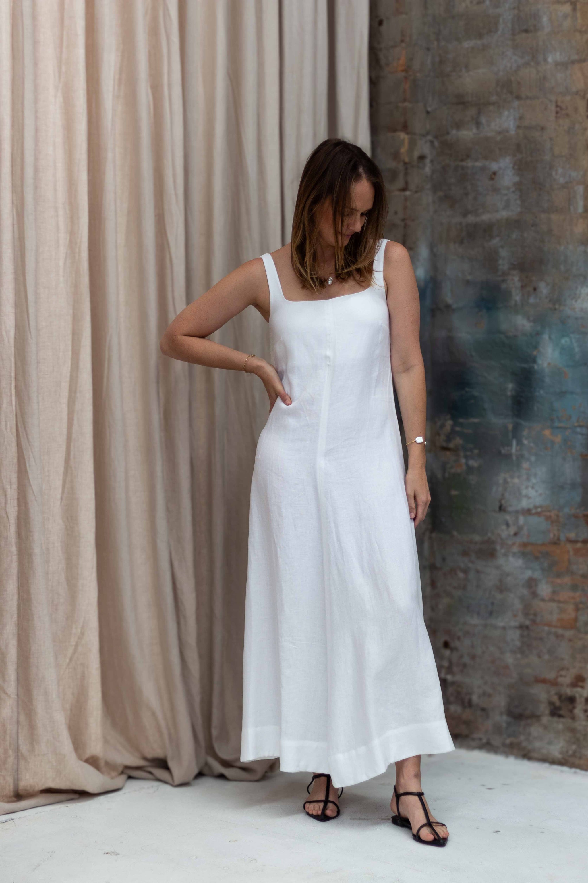 Bondi Born Dephi Organic Linen Flared Maxi Dress