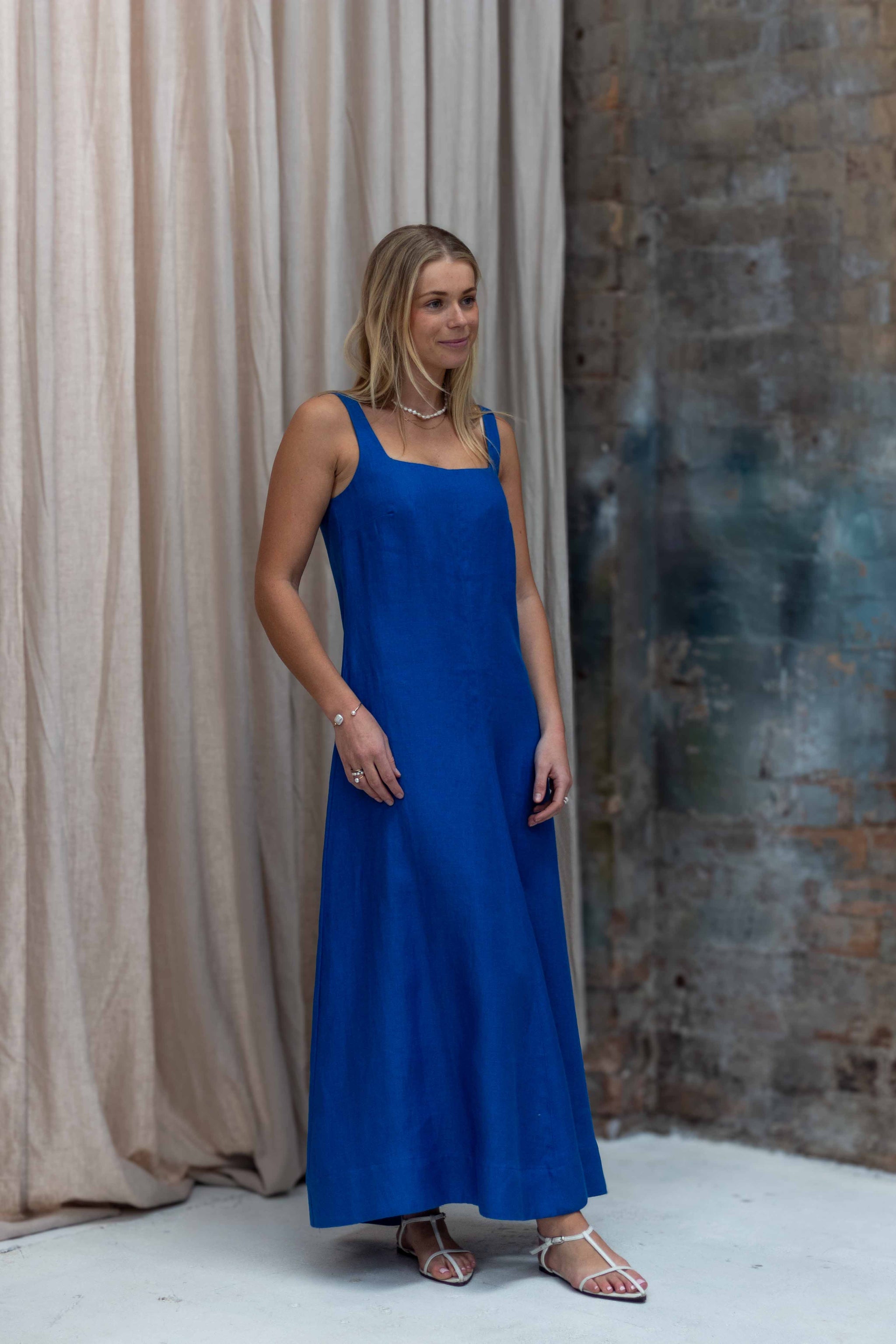 Bondi Born Dephi Organic Linen Flared Maxi Dress