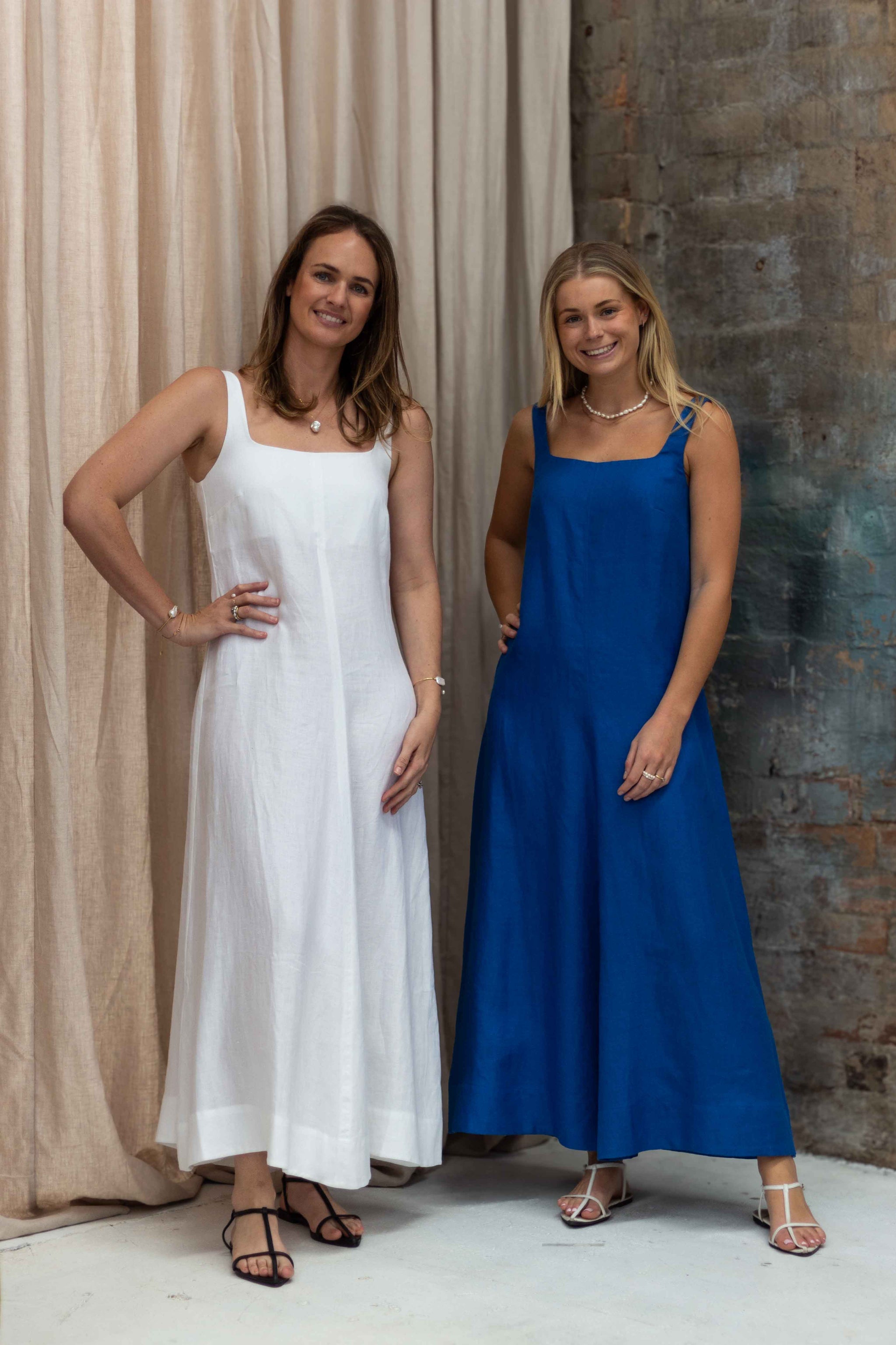 Bondi Born Dephi Organic Linen Flared Maxi Dress | Sapphire Harry and Kit Bondi Born Dephi Organic Linen Flared Maxi Dress | Sapphire Harry and Kit