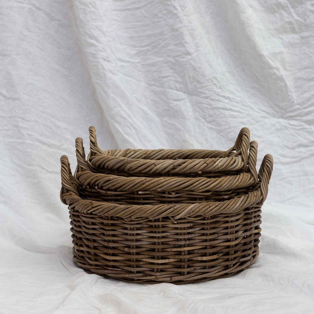 Round Shallow Antique Grey Rattan Basket with handles – Harry and Kit