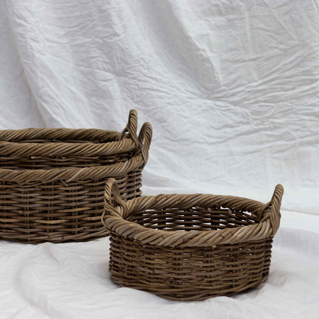 Round Shallow Antique Grey Rattan Basket with handles – Harry and Kit